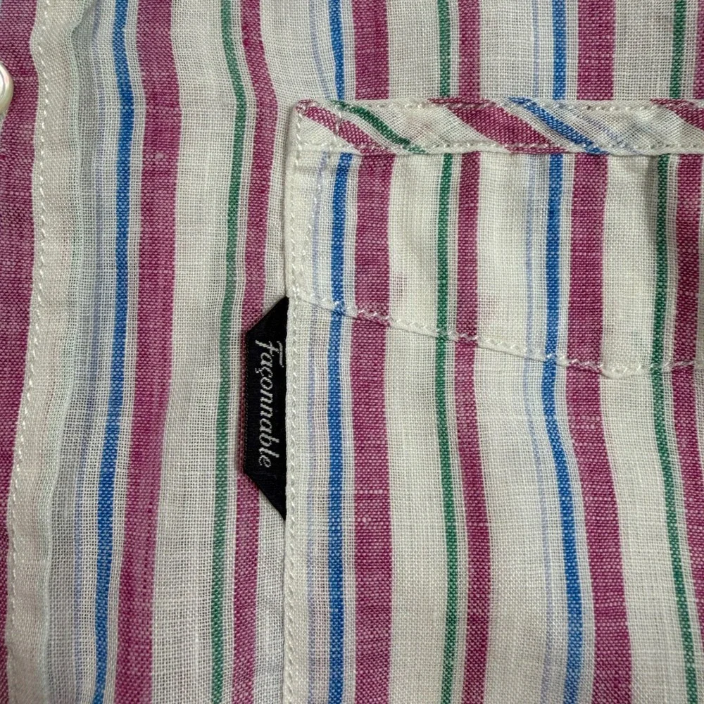 Façonnable Club Button Up Shirt Mens L Stripe 100% Linen‎ Elbow Patch Preppy EUC